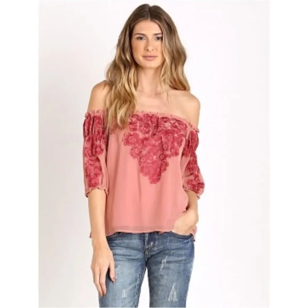 For Love And Lemons Boho Sangria Red & Pink Off-Shoulder Embroidered Top Sicily